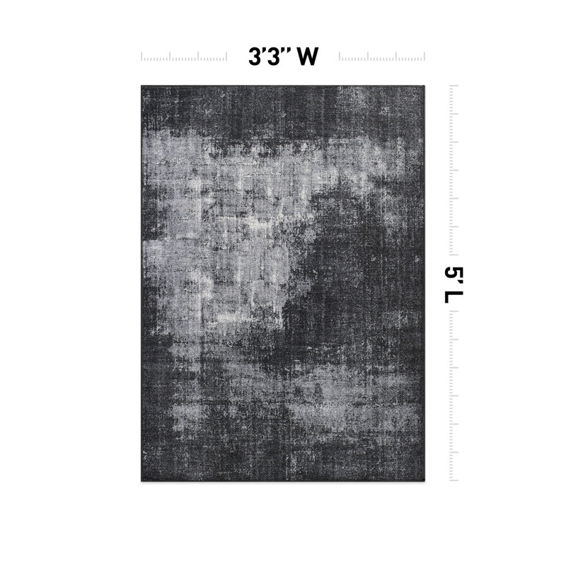 Tapis noir / gris à motif abstrait lavable à la machine Priebe, Rectangle 3 pi 4 po x 5 pi