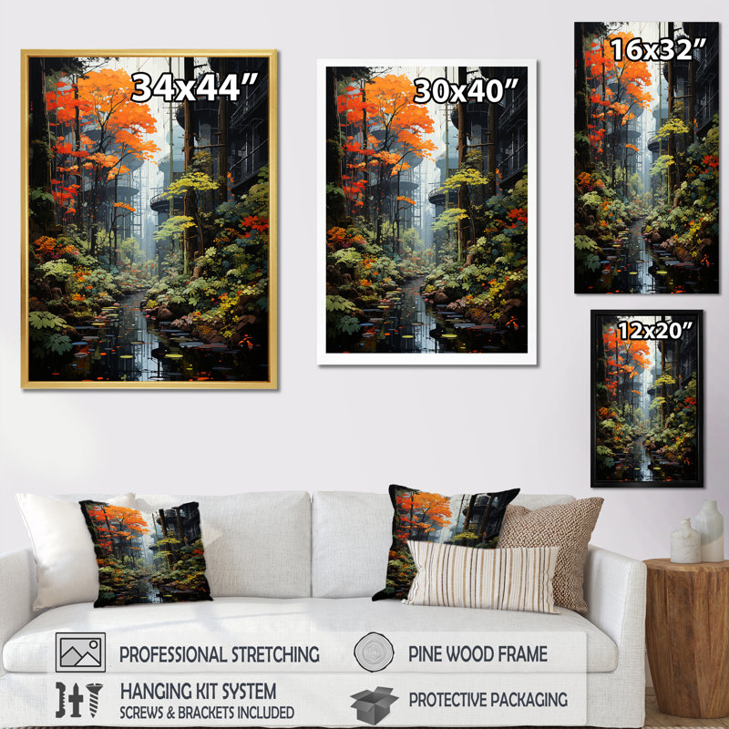 «Autumn Forest Collage II», reproduction sur toile, Cadre flottant blanc, H 44 po x l 34 po x P 1,5 po