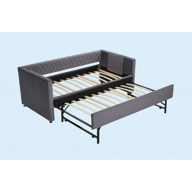 Grey Velvet Daybed, Sturdy Wooden Bed Frame, Gray