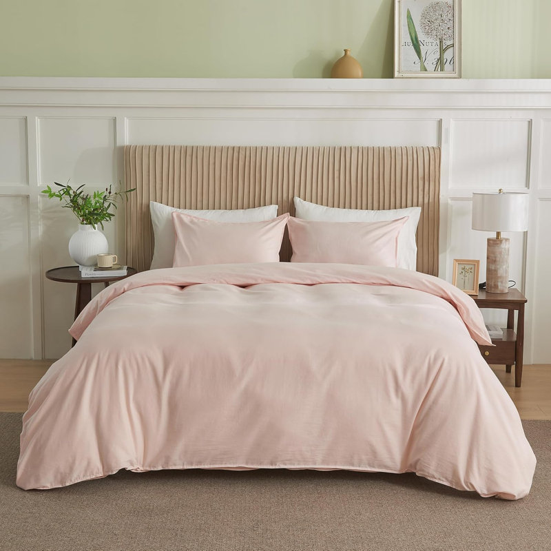 Ensemble de housse de couette en lin français 3 pièces avec fermeture à glissière cachée mélange de coton naturel, Rose