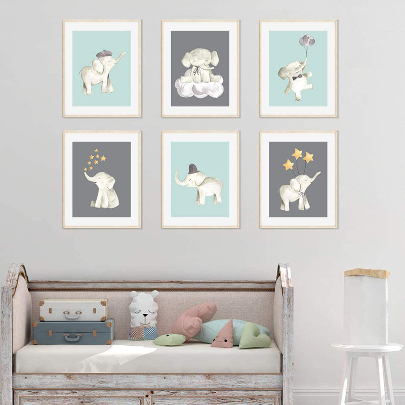 « aquarelle baby garçon éléphants stars », ensemble de 6 pièces imprimées sur papier Cycle, Vert