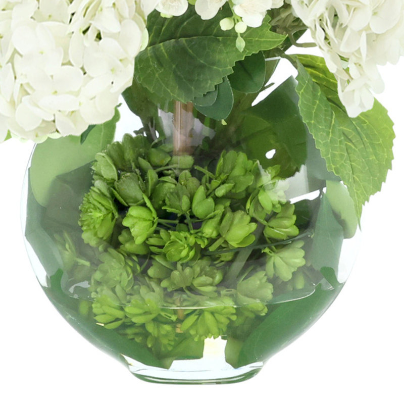 Hortensia et philodendron dans un vase en verre, Blanc