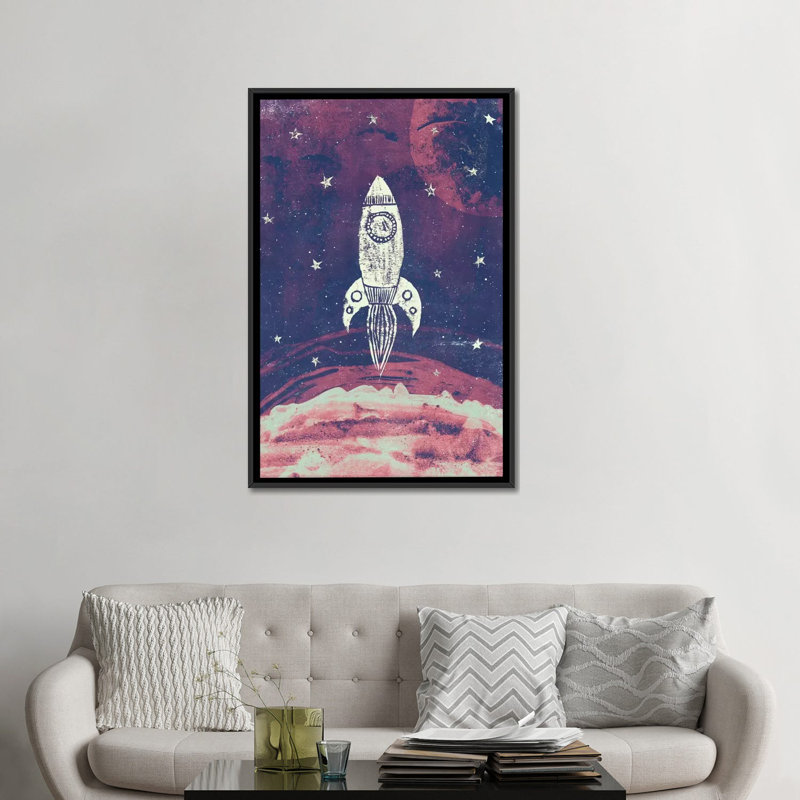 « space adventure », peinture sur toile tendue, H 26 po x l 18 po x P 1,5 po, Toile avec cadre noir, Pas de tapis
