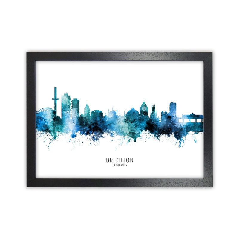 Brighton England Skyline Blue City Name by Michael Tompsett - Print, Black Framed, 46cm H x 63cm W x 3cm D