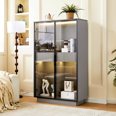 Modern Style 60.6'' Tall Display Cabinet In Grey - Tempered Glass Door, Led Lighting, Two Drawers, Adjustable Shelves For Living Room, Office And Study & With