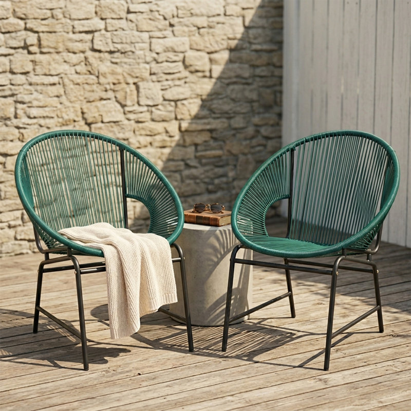 Nusa Outdoor Patio Wicker Chair,Pe Rattan & Iron Frame, Set Of 2, Black/Teal
