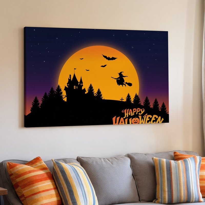 Toile, une scène d'Halloween effrayante avec un grand art mural orange brillant sur fond de lune contre un ciel dégradé foncé