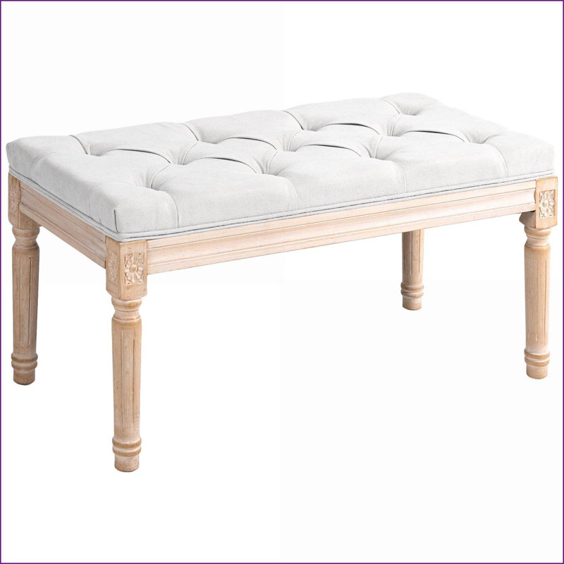 Banc de chambre à coucher HOMcom 31,5 po avec pieds en bois d'hévéa massif | Crème / blanc | Repose-pieds