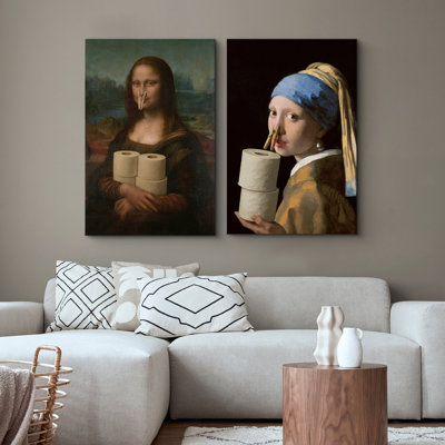 Funny Toilet Paper Masterpieces Canvas Wall Art Set, Classic Painting Parody Framed Prints for Bathroom or Powder Room Decor