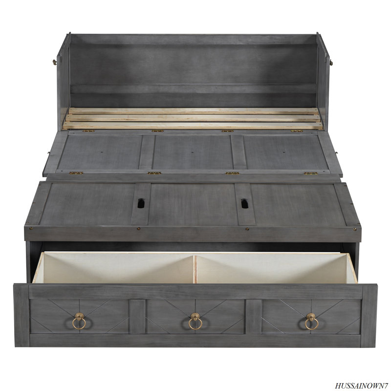 Lit escamotable avec port USB et grand tiroir, Lit double, Gris
