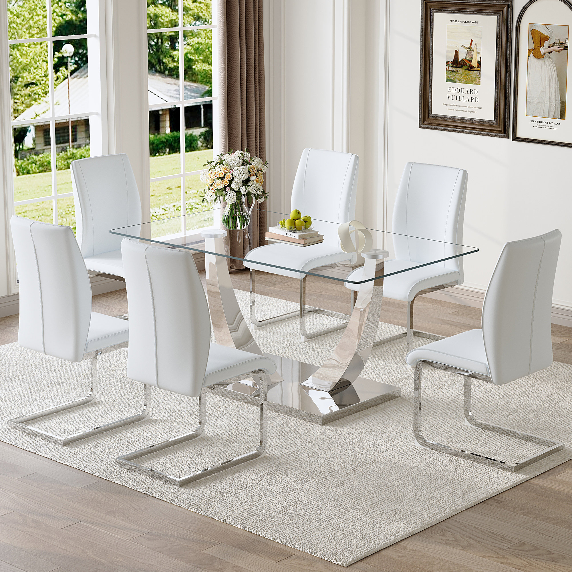 Orren Ellis Tempered glass dining table with silver legs, paired with 6 ...