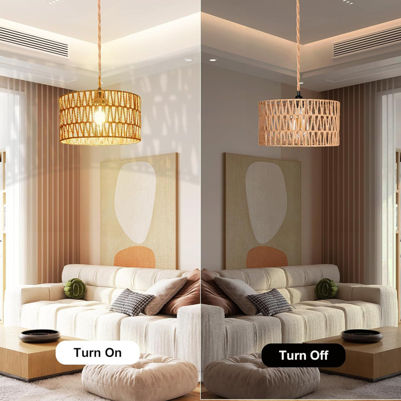 Natural Rattan and Metal Plug-In Pendant Light with Cylindrical Shade
