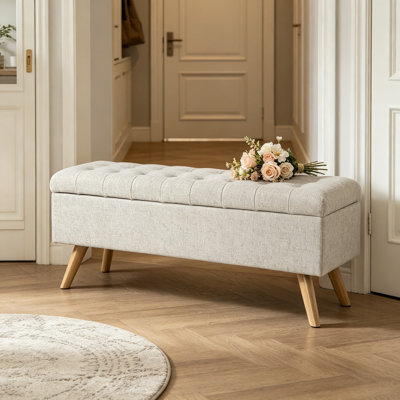 Banc de rangement moderne capitonné avec compartiment caché, grand siège rembourré de 48 pouces, structure en bois durable et tissu crème texturé, pour le vestibule ou le salon