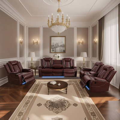 3 Pieces Breathing Leather Power Relining Home Theatre Sofa Set, With Middle Console,Wireless Charging,Storage (Set 0f 3)