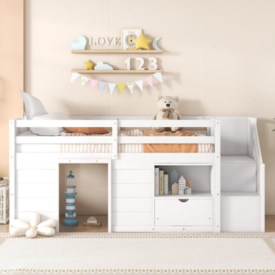 Low Loft Bed With Stairs, Twin Size Storage Loft Bed Frame With Drawers And Shelves, Kids Wooden Loft Bed With Steps For Teens, No Box Spring Needed, White