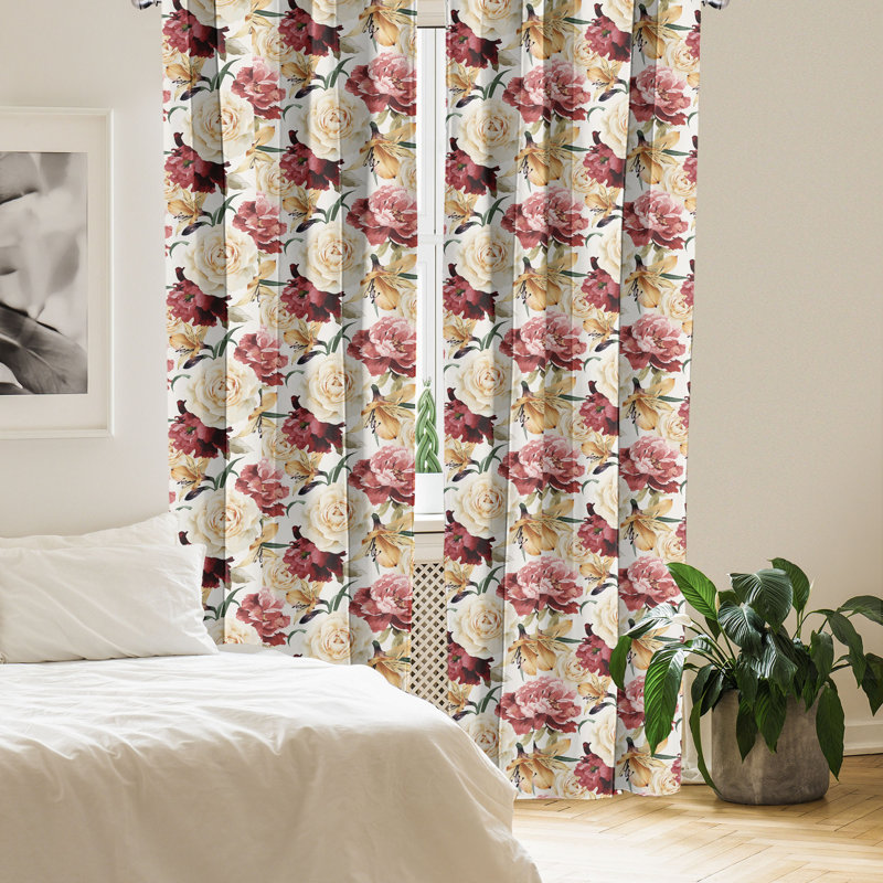 Rideaux 4 panneaux East Urban Home Garden, aquarelle roses pivoines séchées rose crème rubis 8802