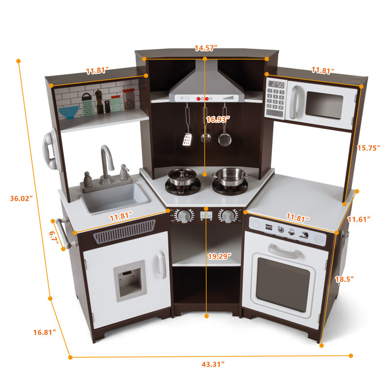 Brown and White Wooden Kids Play Kitchen Set with Accessories