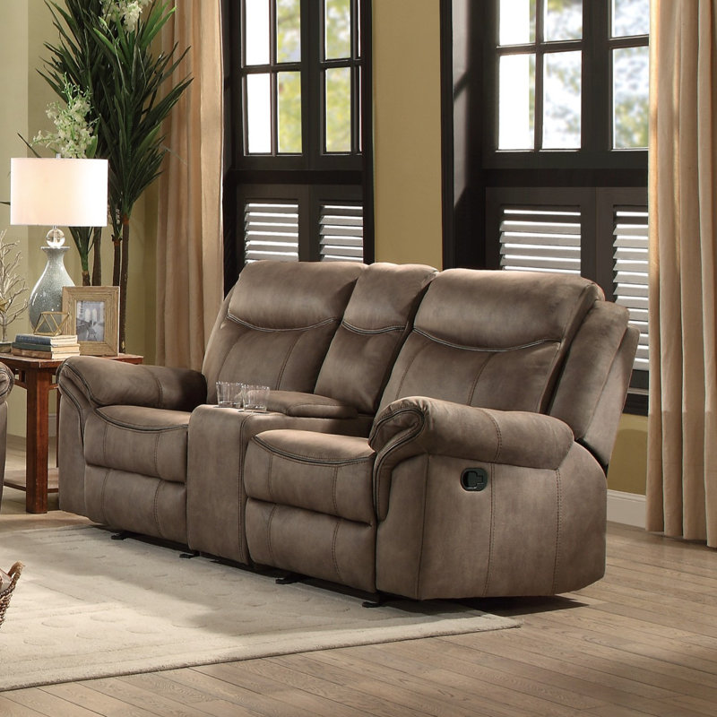 Canapé inclinable à bascule marron avec console de rangement, porte-gobelets, prises électriques et ports USB - Meuble de salon 1 pièce
