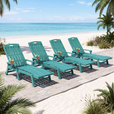 4-Pack HDPE Outdoor Chaise Lounge Chair Set with Wheels & Cup Holders, Adjustable Reclining Poolside Sun Loungers
