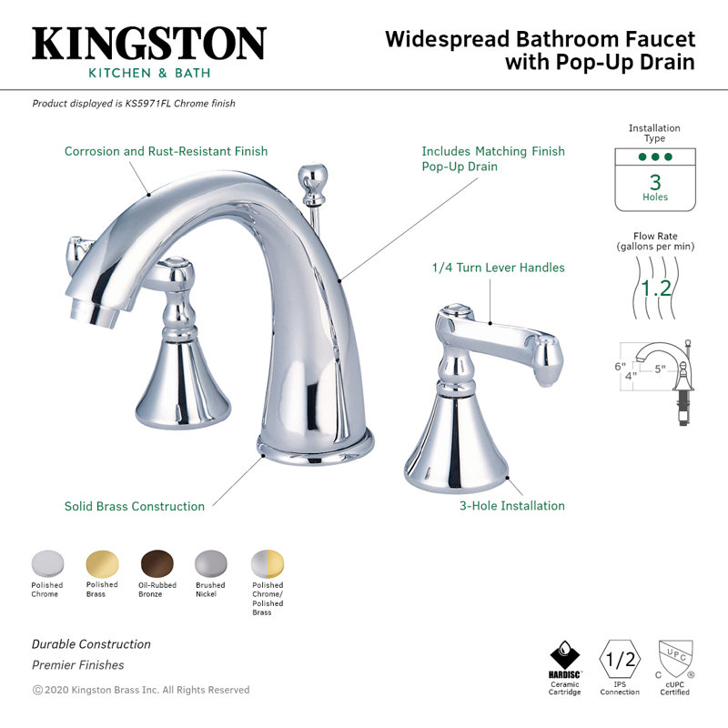 Robinet de salle de bain espacé à 2 poignées et 3 poignées Kingston, Chrome poli