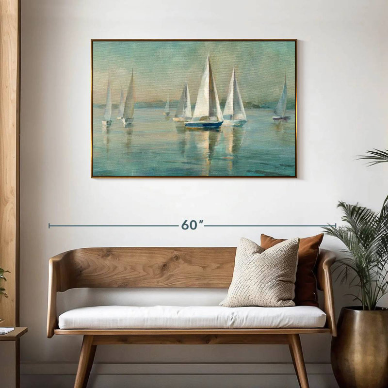 Voiliers au lever du soleil, Cadre flottant doré, 43 po x 29 po