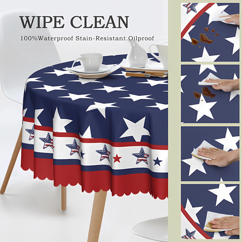 Independence Day Red White Blue Polyester Tablecloth, Blue/White Starburst
