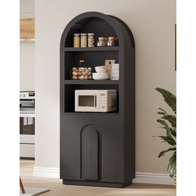 76" Tall Arched Bookcase with Doors, 5-Tier Bookshelf with 3 Open Shelves, Modern Display Storage Cabinet with Arched Top