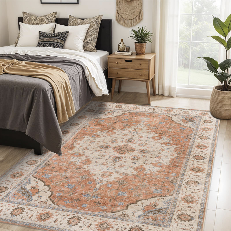 Machine Washable Vintage Oriental Area Rug Non-Slip Backing Orang/ Beige/Blue Indoor Carpet for Living Room, Bedroom, Hallway Runner