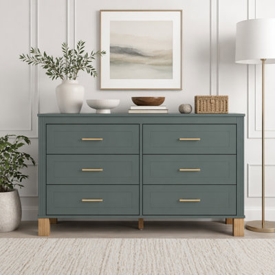Commode double moderne à 6 tiroirs en bleu avec poignées en métal et pieds en bois massif