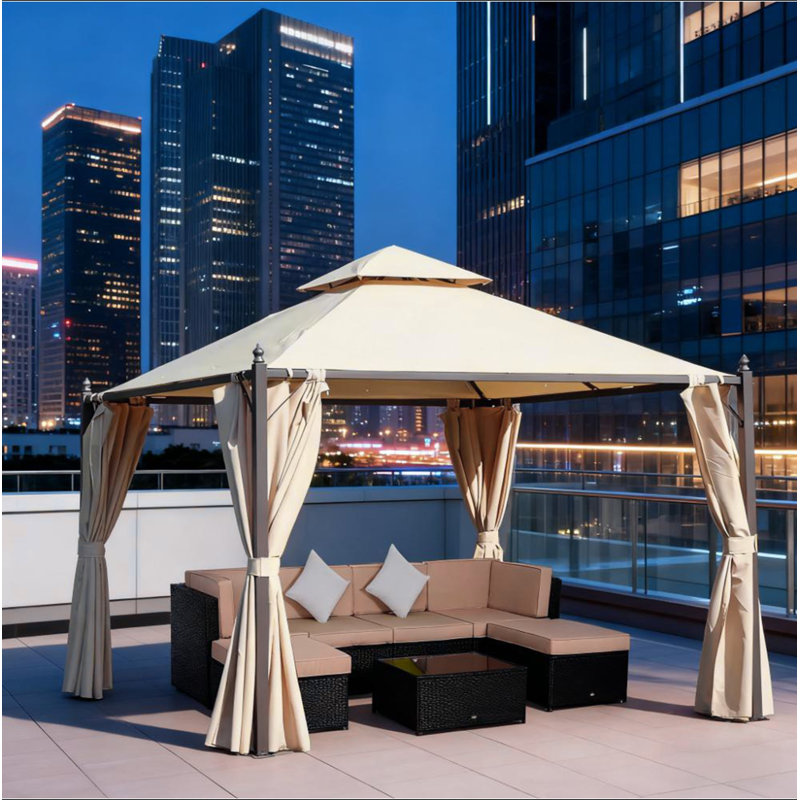 Pavillon de jardin extérieur en acier 10 'x 10' avec rideaux d'intimité en polyester