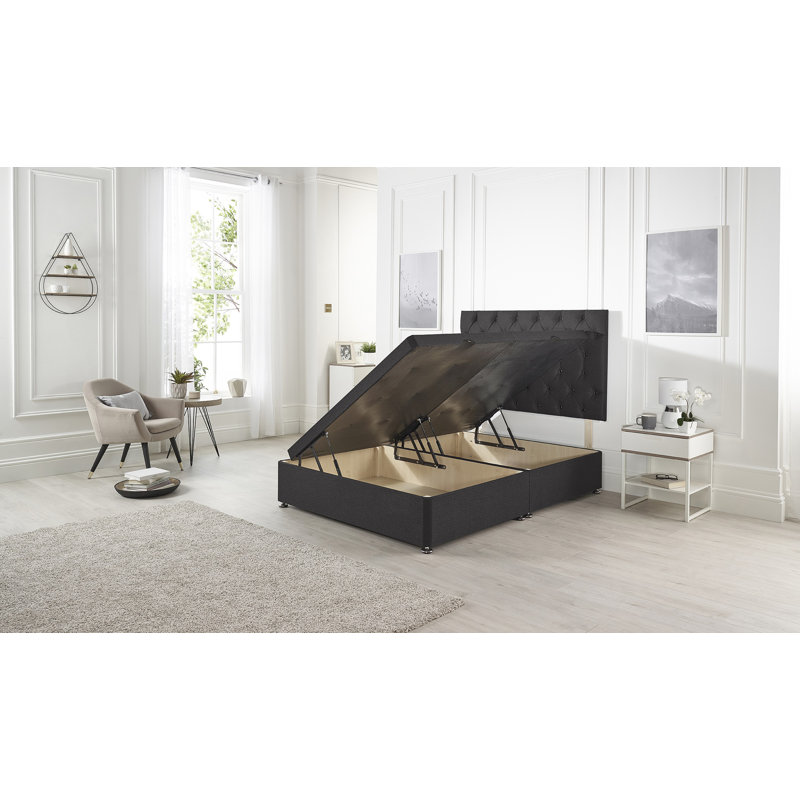 Orchid Side Lift Ottoman Divan Bed Base with Upholstered Headboard, Kingsize (5'), Black Plush Velvet