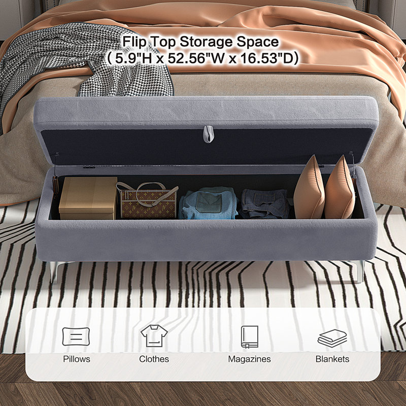 Alliber Velvet Upholstered Storage Bench, Gray