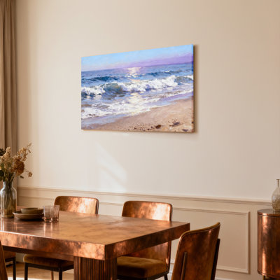 Ensemble d'une toile tendue représentant une scène de coucher de soleil sur la plage et les vagues de l'océan