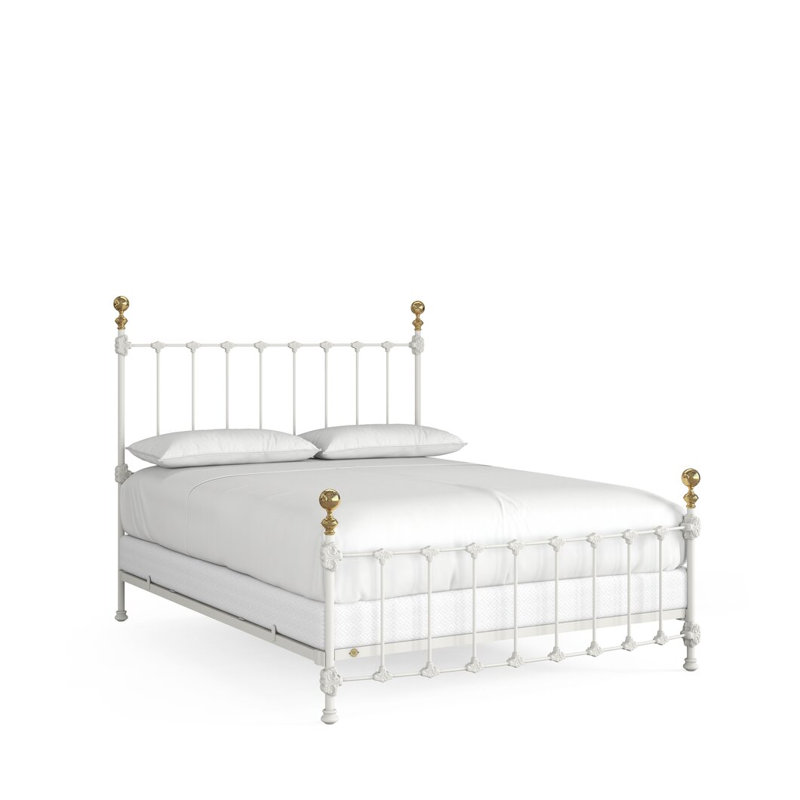 Lit Palatial en fer et laiton, Très grand lit, Matte White/Antique Gold