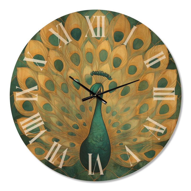 Très grande horloge murale ronde en bois Art déco - Élégance paon Art déco, Oversized