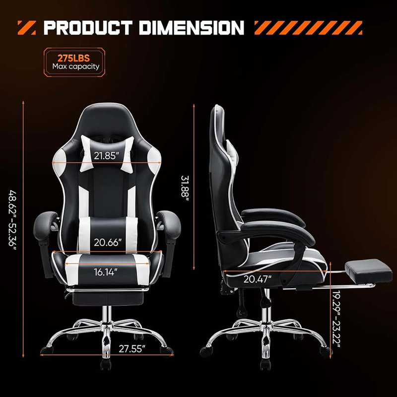 Game Desk Chair - Ergonomic Computer With Footrest And Comfy Lumbar Support, PU Leather Recliner With Headrest, Fixed Up Armrest, Height Adjustable With 360° Swivel, Adults