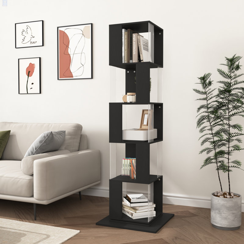 5 Tier Rotating Bookshelf, Floor Rack Simple Bookcase  With Acrylic Plate Student Multi-Function Creative Bookshelf For Living Room