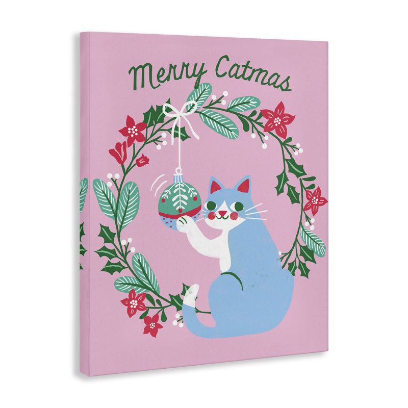 «Merry Christmas Pink Cat», art mural sur toile par Riley Hutchens, H 30 po x l 24 po