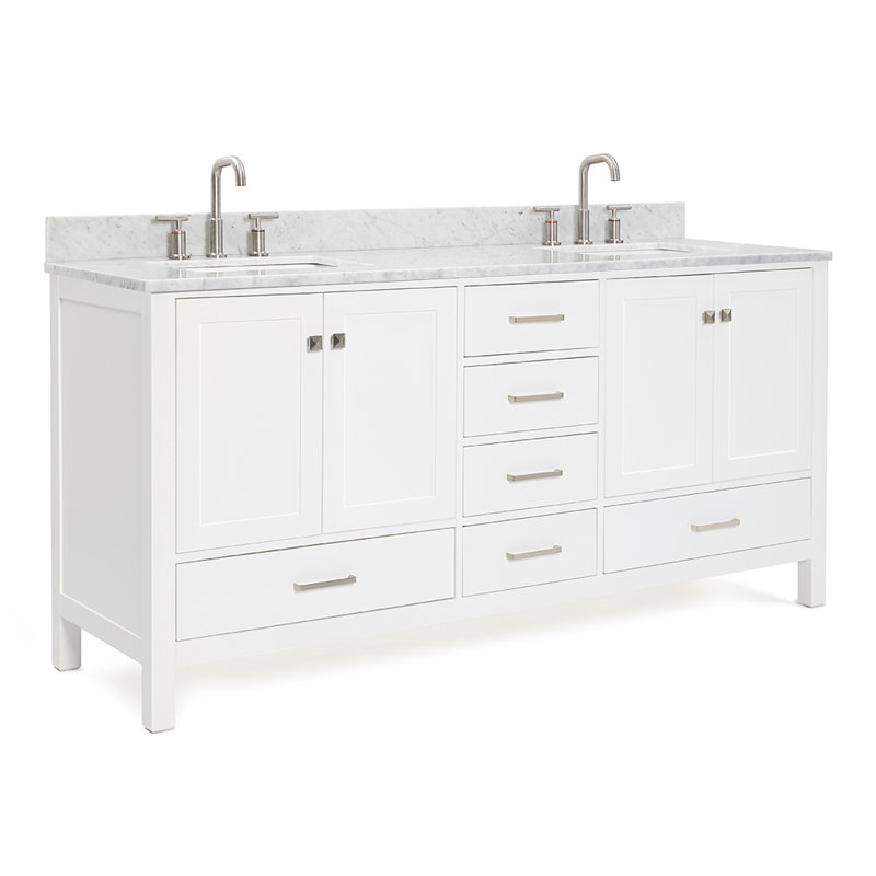 Ariel Flynt 73 Inch Bathroom Vanity With Italian Carrara Marble Countertop 0.75 inch In Oak, White, Rectangle 