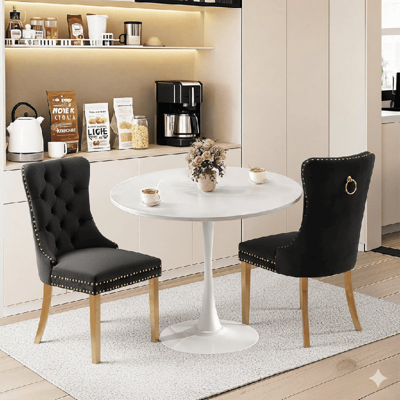 Ensemble de table de salle à manger rond avec 2 chaises, Blanc, Noir et or
