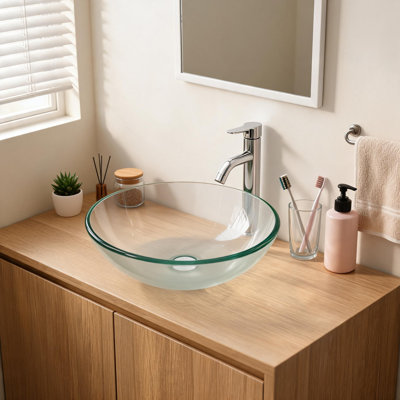Vasque de salle de bain en verre trempé transparent de 43 cm (17 pouces) avec robinet chromé et bonde clic-clac