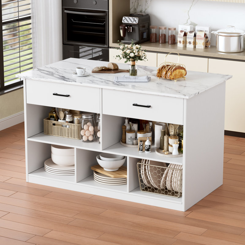 Kitchen Island With Storage Drawers, 55-inch Kitchen Shelves With Imitation Marble Worktop, Adjustable Led Light On One Side