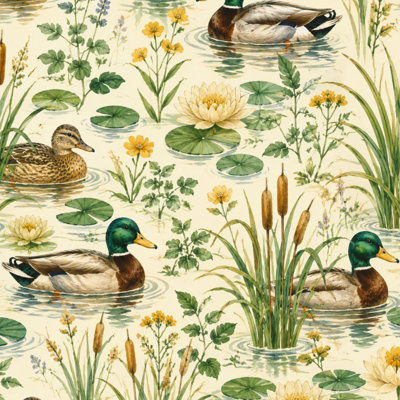 Papier peint auto-adhésif à motif de fleurs de lotus et de citrouilles, aquarelle, canards, lac, l 17,7 po x H 118 po