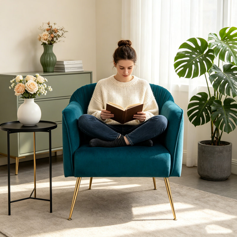 Modern Velvet Slipper Chair with Metal Legs, Armless Accent Chair for Living Room Bedroom Entryway, Compact Side Chair with Wood Frame – Trendy Leisure Seating