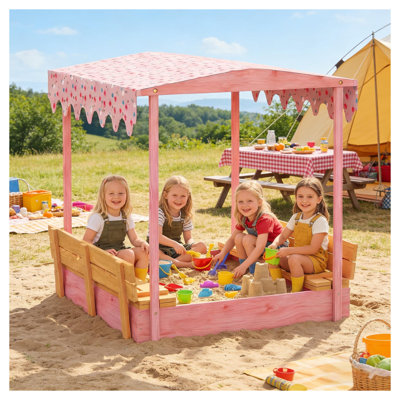 Wooden Outdoor Kids Sandbox with Cover and Oxford Fabric Liner, Pink and Yellow