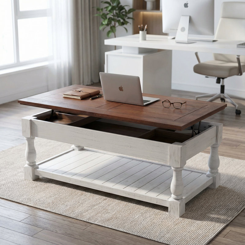 Table basse à plateau relevable Farmhouse avec tablette fixe et compartiments de rangement cachés, plateau de table en bois massif fabriqué à la main, centre de table de salon à deux niveaux avec finition rustique