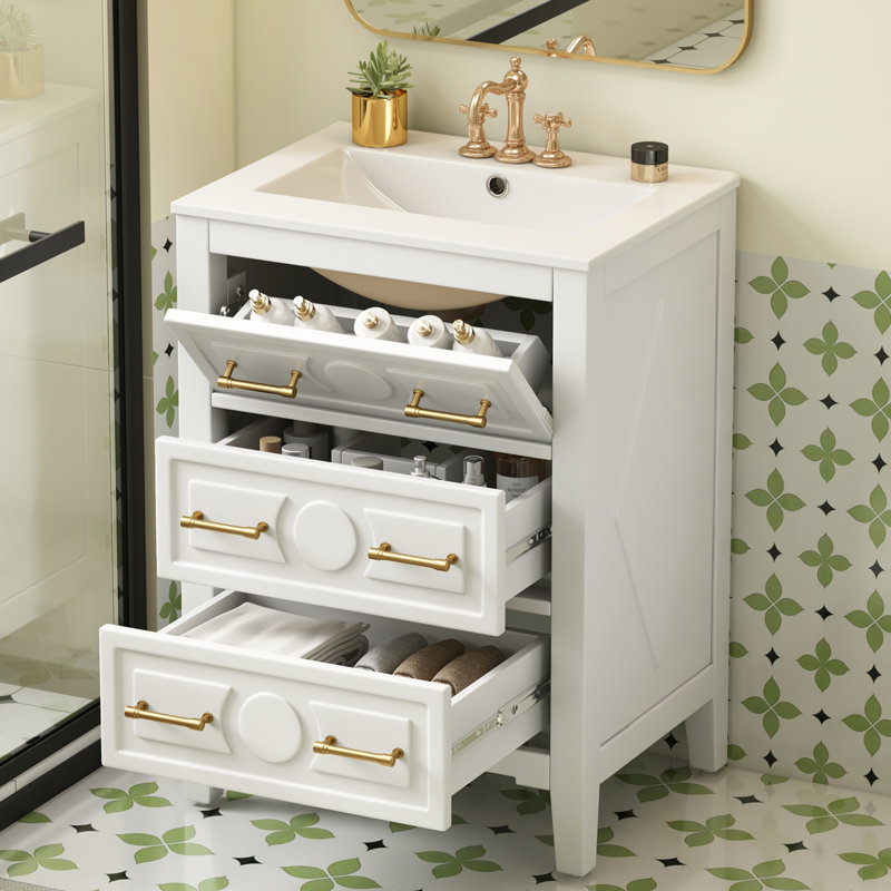 Meuble-lavabo blanc 24 po avec lavabo en céramique 24 po, 3 tiroirs, style rétro élégant, lavabo facile à assembler et structure en bois de pin massif, tiroirs pour un rangement efficace