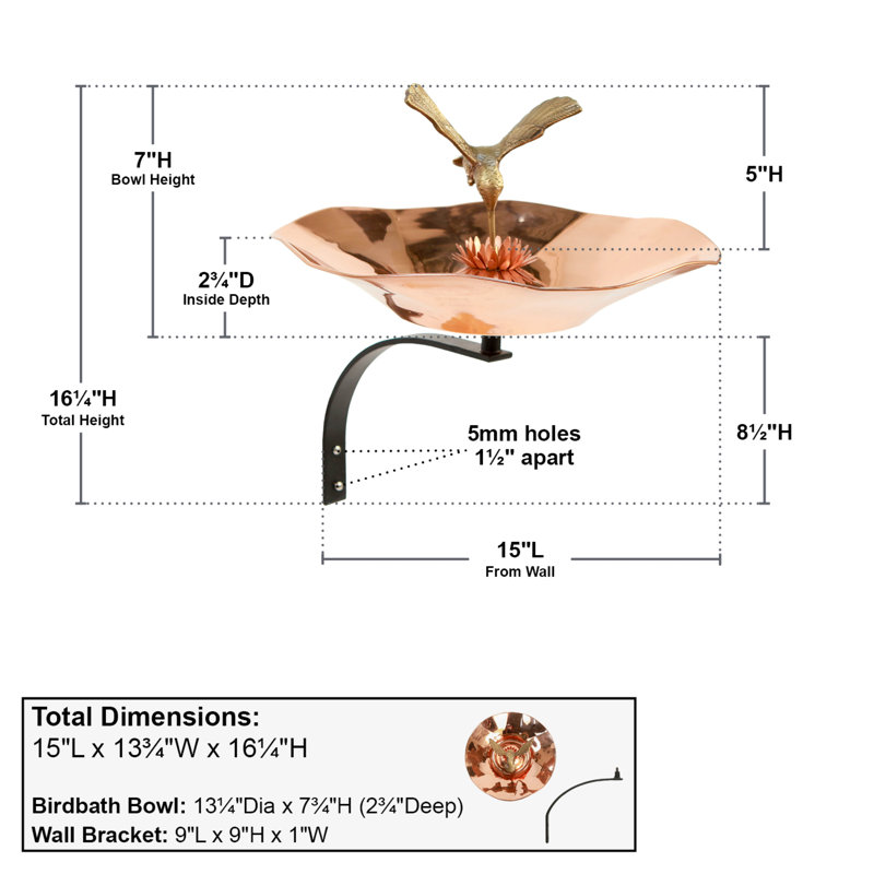Copper Plated Hummingbird Birdbath with Wall Mount Bracket