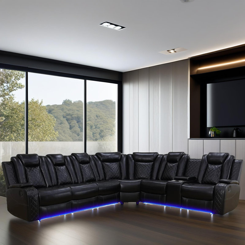  7 Seater Power Recliner Sectional Sofa Couch with LED, Leather Living Room Furniture Sofa Set, Black, Black Faux Leather