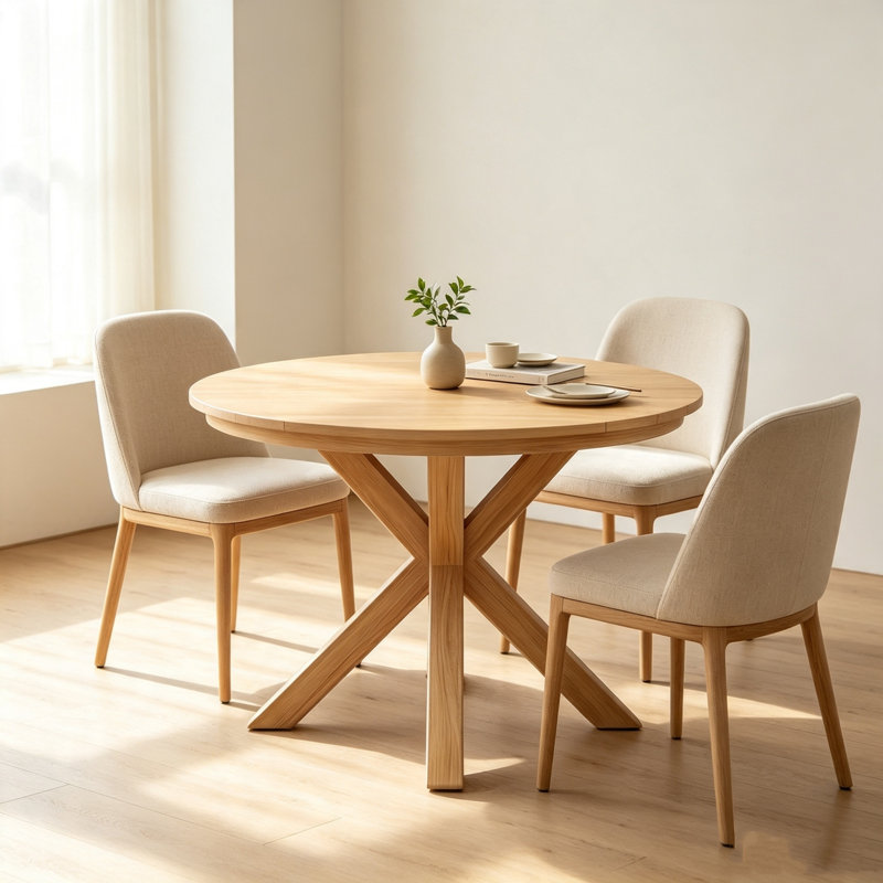 Table de salle à manger ronde en bois d'acacia de 44,5 pouces avec base en X à lattes pour table de jardin à l'arrière
